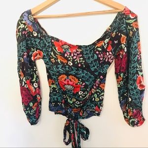 Jaase Black Floral Off Shoulder Front Tie Crop Top